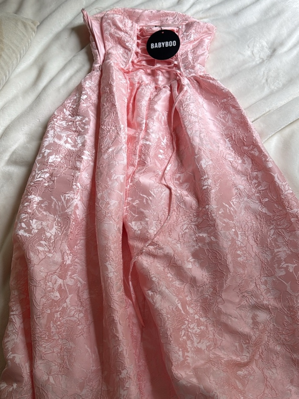 Brand new Strapless Pink Floral Brocade Wedding guest Dress with Lace-Up Back - Picture 5 of 8